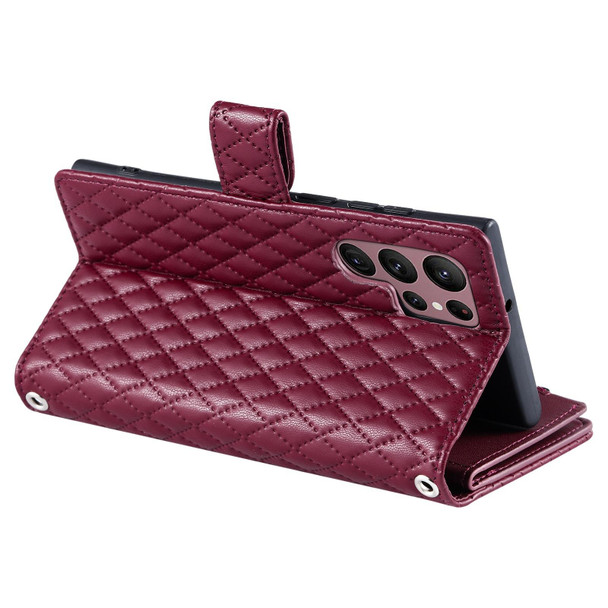 For Samsung Galaxy S22 Ultra 5G Glitter Lattice Zipper Wallet Leather Phone Case(Wine Red)