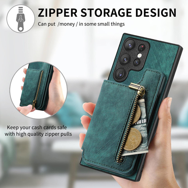 For Samsung Galaxy S22 Ultra 5G Retro Leather Zipper Wallet Back Phone Case(Green)