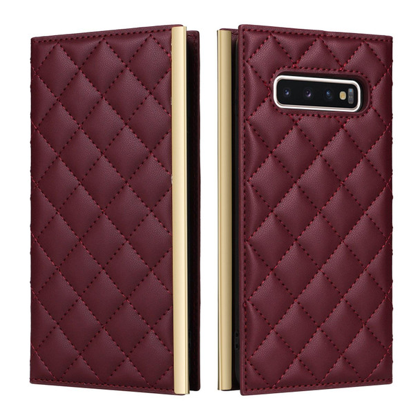 For Samsung Galaxy S10 Crossbody Rhombic Sucker Leather Phone Case(Claret)