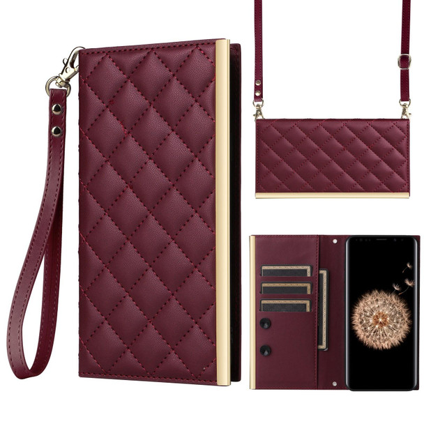 For Samsung Galaxy S9+ Crossbody Rhombic Sucker Leather Phone Case(Claret)