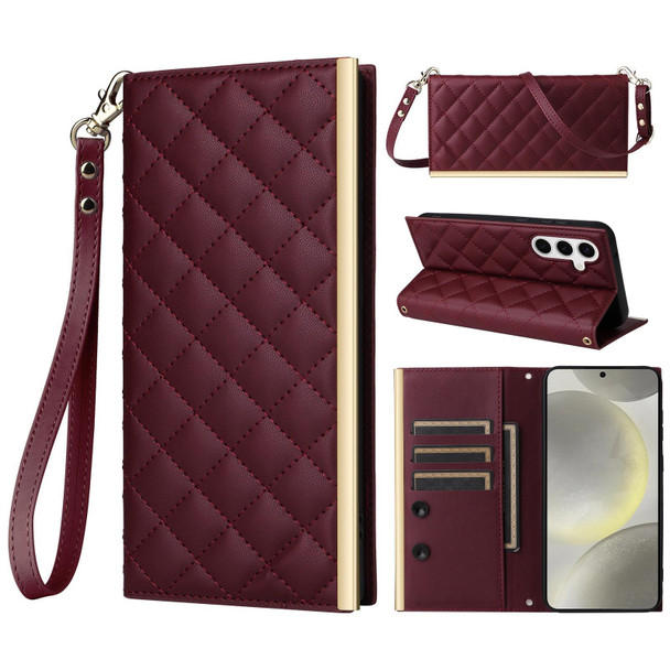 For Samsung Galaxy S24 5G Crossbody Rhombic Sucker Leather Phone Case(Claret)