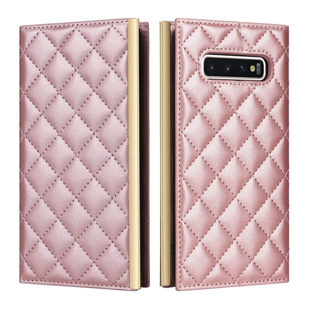 For Samsung Galaxy S10 Crossbody Rhombic Sucker Leather Phone Case(Rose Gold)