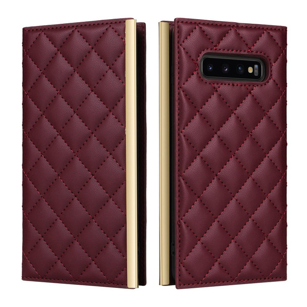 For Samsung Galaxy S10+ Crossbody Rhombic Sucker Leather Phone Case(Claret)