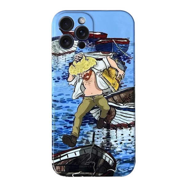 For iPhone 15 Pro Max Oil Painting Pattern Glossy PC Phone Case(Jump in the Boat)