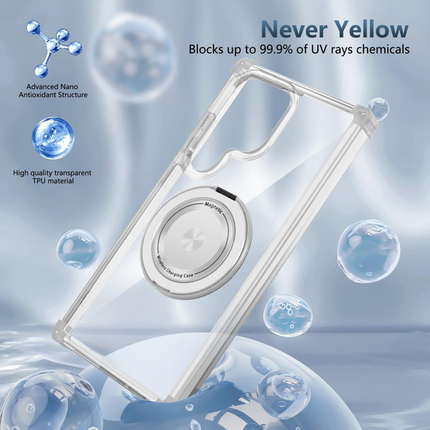 For Samsung Galaxy S22 Ultra 5G Gold Shield CD Pattern MagSafe Magnetic Phone Case with Rotating Stand(Transparent)