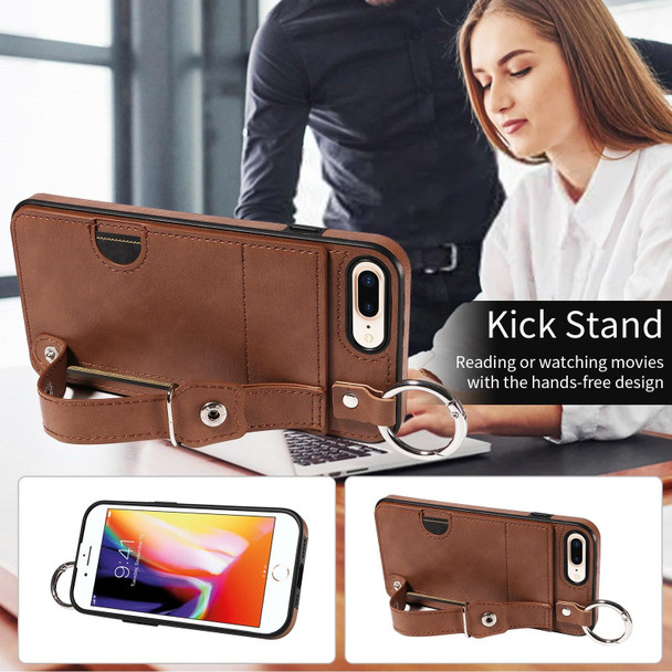For iPhone 7 Plus / 8 Plus Calf Texture Wrist Card Slot Ring Phone Case(Brown)