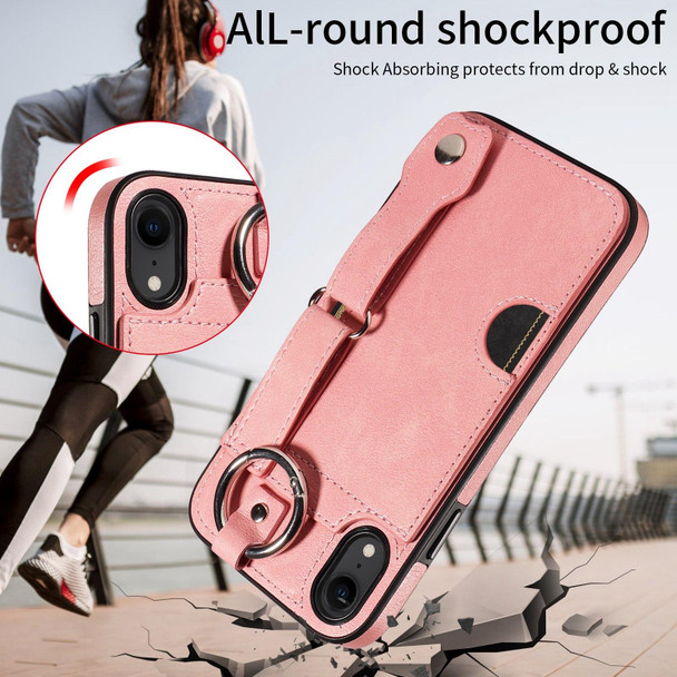 For iPhone XR Calf Texture Wrist Card Slot Ring Phone Case(Pink)