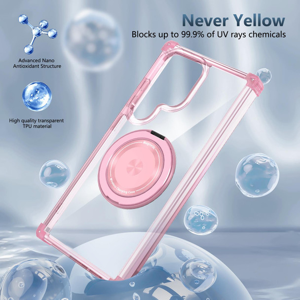 For Samsung Galaxy Note20 Ultra 5G Gold Shield CD Pattern MagSafe Magnetic Phone Case with Rotating Stand(Transparent Pink)