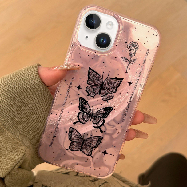 For iPhone 15 Dual-layer Water Rippled Acrylic Hybrid TPU Phone Case(Pink Butterflies)