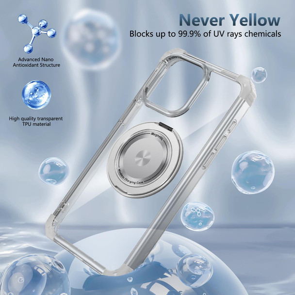 For iPhone 15 Plus Gold Shield CD Pattern MagSafe Magnetic Phone Case with Rotating Stand(Transparent)