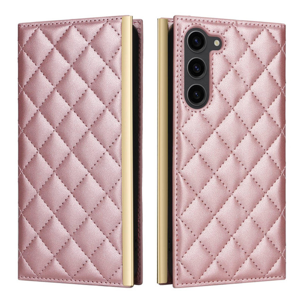 For Samsung Galaxy S23+ 5G Crossbody Rhombic Sucker Leather Phone Case(Rose Gold)