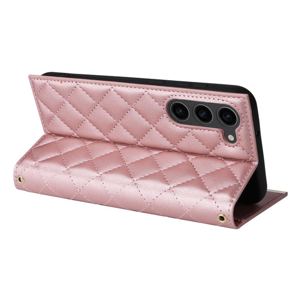 For Samsung Galaxy S23 5G Crossbody Rhombic Sucker Leather Phone Case(Rose Gold)