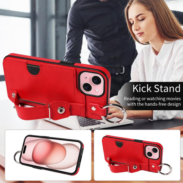 For iPhone 15 Plus Calf Texture Wrist Card Slot Ring Phone Case(Red)