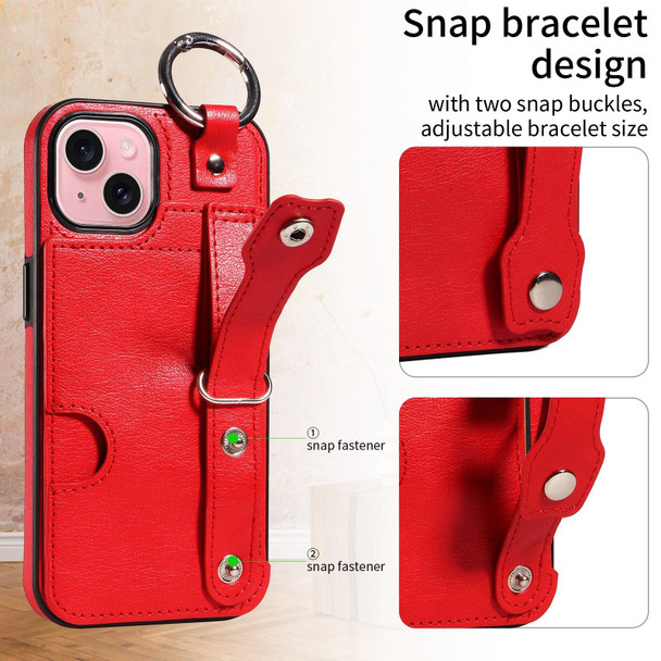 For iPhone 15 Plus Calf Texture Wrist Card Slot Ring Phone Case(Red)