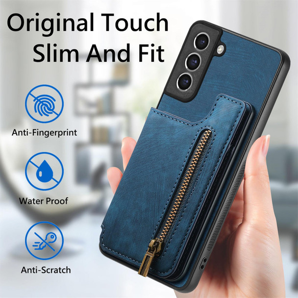 For Samsung Galaxy S21 FE 5G Retro Leather Zipper Wallet Back Phone Case(Blue)