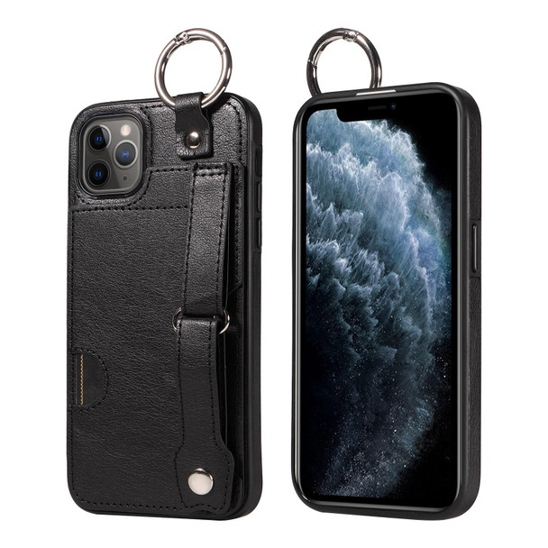 For iPhone 11 Pro Max Calf Texture Wrist Card Slot Ring Phone Case(Black)