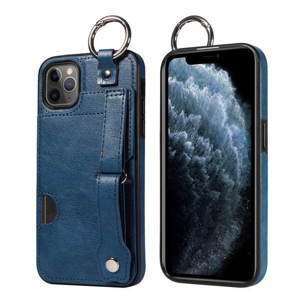 For iPhone 11 Pro Max Calf Texture Wrist Card Slot Ring Phone Case(Blue)