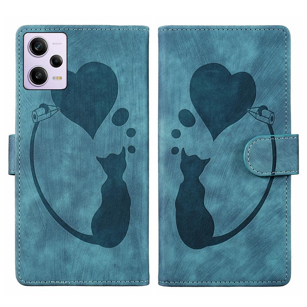 For Xiaomi Redmi Note 12 Pro 5G Global Pen Heart Cat Embossed Leather Phone Case(Blue)