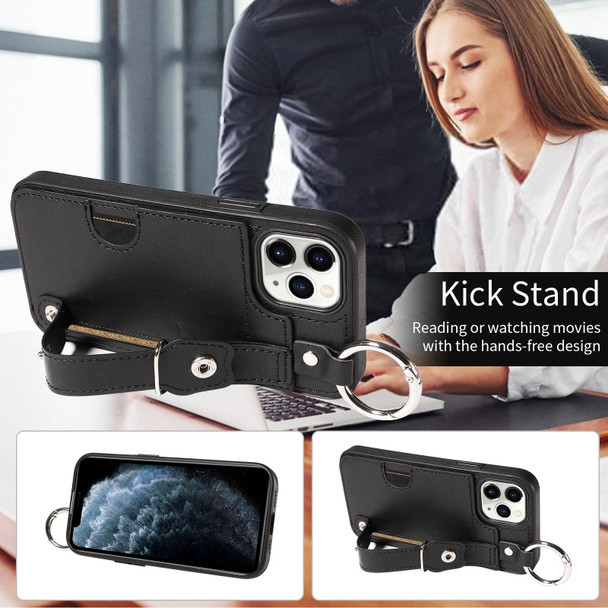 For iPhone 11 Pro Calf Texture Wrist Card Slot Ring Phone Case(Black)