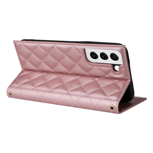 For Samsung Galaxy S21+ 5G Crossbody Rhombic Sucker Leather Phone Case(Rose Gold)