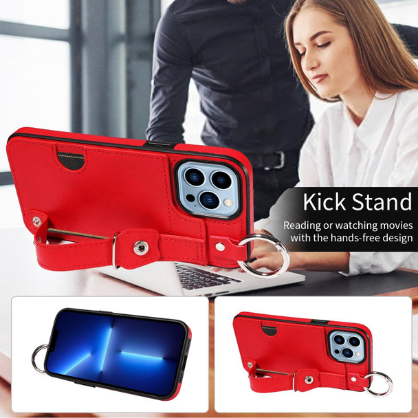 For iPhone 13 Pro Max Calf Texture Wrist Card Slot Ring Phone Case(Red)