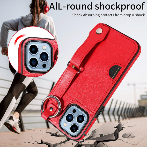 For iPhone 13 Pro Max Calf Texture Wrist Card Slot Ring Phone Case(Red)