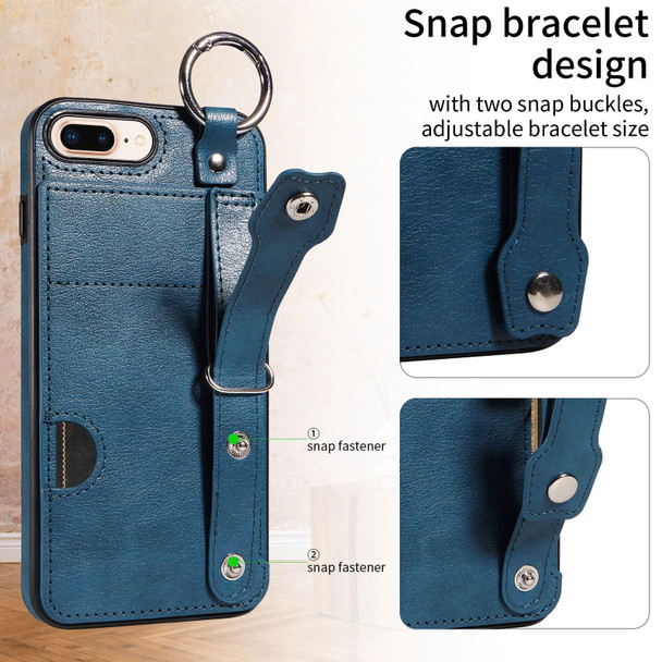 For iPhone 7 Plus / 8 Plus Calf Texture Wrist Card Slot Ring Phone Case(Blue)