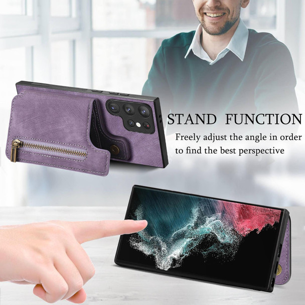 For Samsung Galaxy S22 Ultra 5G Retro Leather Zipper Wallet Back Phone Case(Purple)