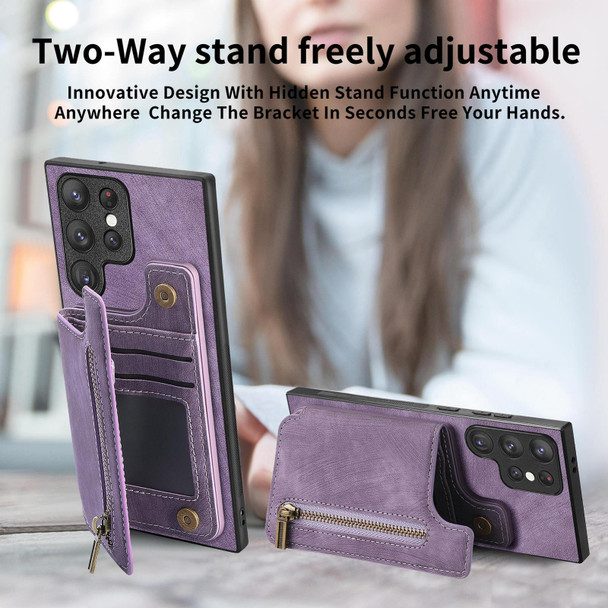 For Samsung Galaxy S22 Ultra 5G Retro Leather Zipper Wallet Back Phone Case(Purple)