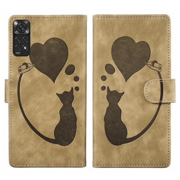 For Xiaomi Redmi Note 11S 4G / Note 12S Pen Heart Cat Embossed Leather Phone Case(Apricot)