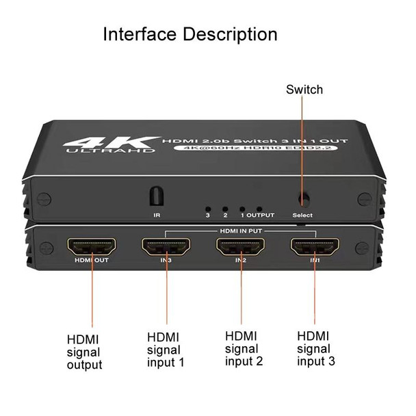 120Hz HDMI2.0 4K With Remote Control Switcher HDCP2.2 Version 3 Into 1 Out Video Converter