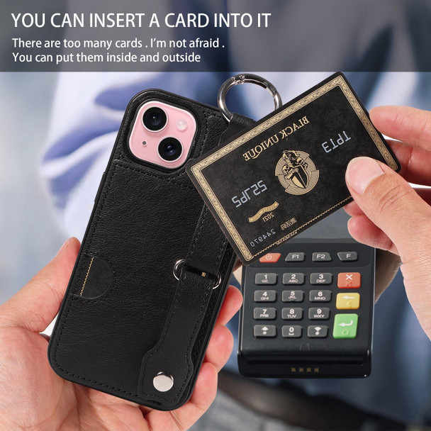 For iPhone 15 Plus Calf Texture Wrist Card Slot Ring Phone Case(Black)