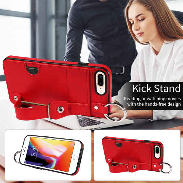 For iPhone 7 Plus / 8 Plus Calf Texture Wrist Card Slot Ring Phone Case(Red)