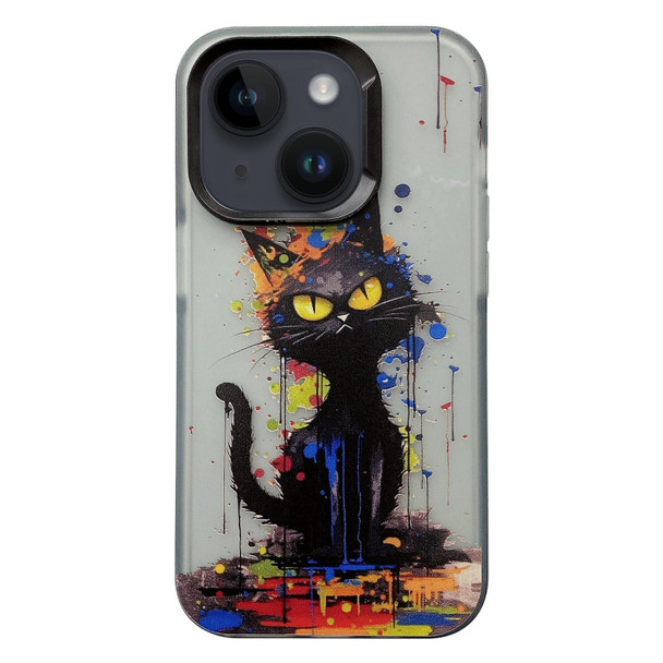 For iPhone 14 Painted Color Ink Animals TPU Phone Case(Black Cat)