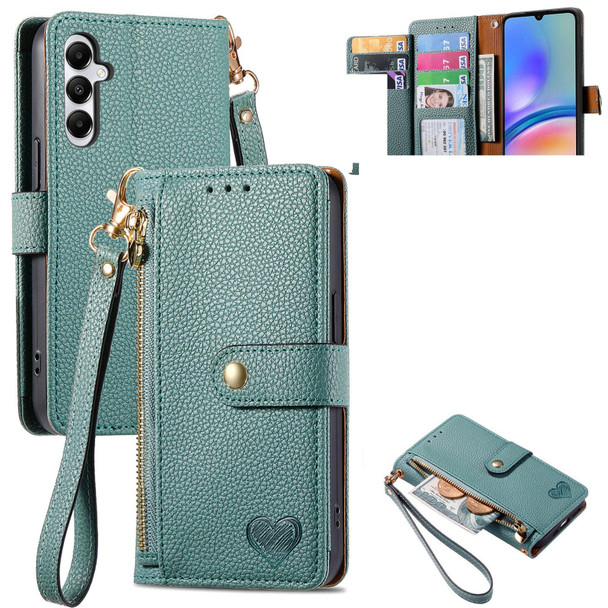 For Samsung Galaxy A14 5G Love Zipper Lanyard Leather Phone Case(Green)