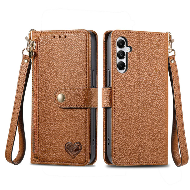 For Samsung Galaxy A14 5G Love Zipper Lanyard Leather Phone Case(Brown)