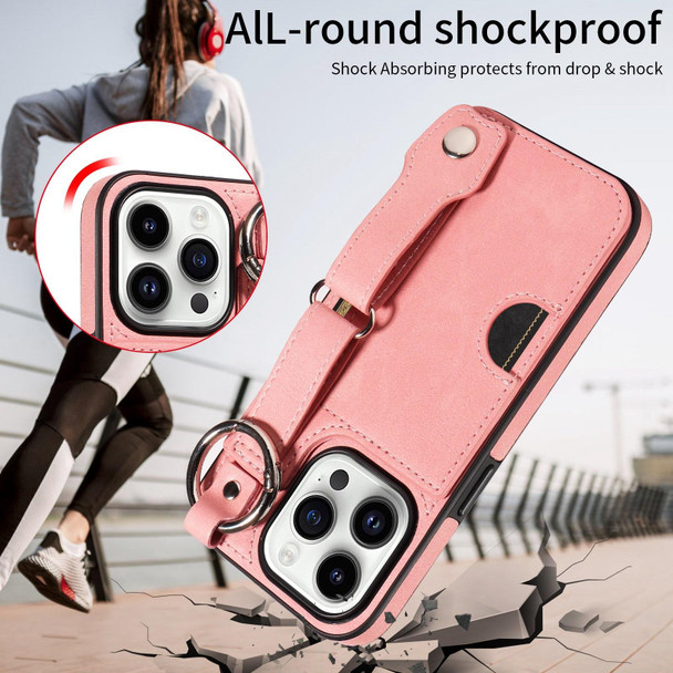 For iPhone 15 Pro Calf Texture Wrist Card Slot Ring Phone Case(Pink)