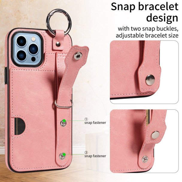 For iPhone 13 Pro Max Calf Texture Wrist Card Slot Ring Phone Case(Pink)