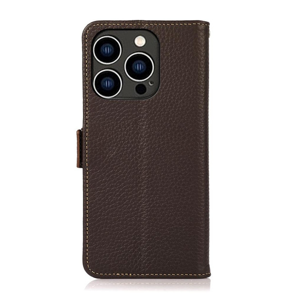 For iPhone 15 Pro Max KHAZNEH Side-Magnetic Litchi Genuine Leather RFID Phone Case(Brown)