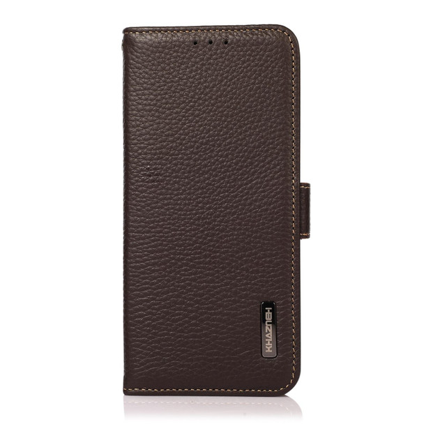 For iPhone 15 Pro Max KHAZNEH Side-Magnetic Litchi Genuine Leather RFID Phone Case(Brown)