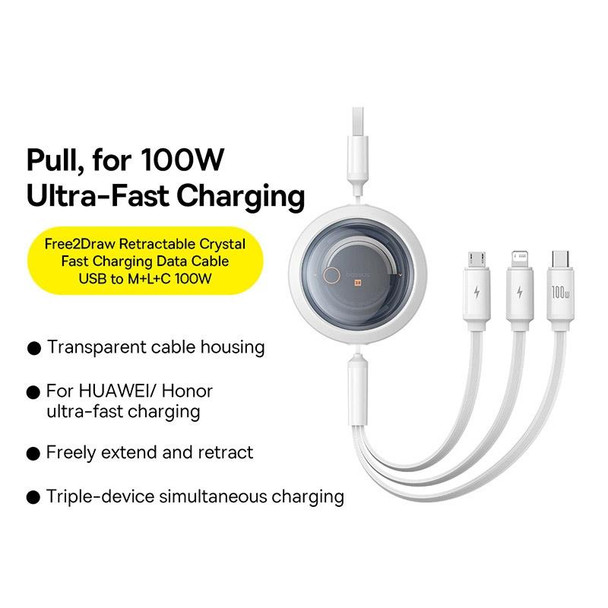 Baseus Core Series 100W 480Mbps USB-A to USB-C / Type-C + 8 Pin + Micro USB Telescopic Fast Charging Data Cable(White)