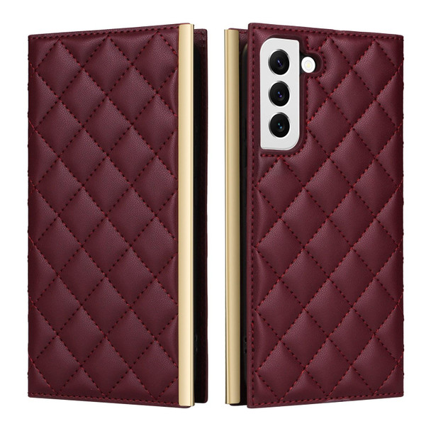 For Samsung Galaxy S21 FE 5G Crossbody Rhombic Sucker Leather Phone Case(Claret)