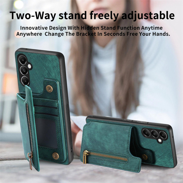 For Samsung Galaxy A25 5G Retro Leather Zipper Wallet Back Phone Case(Green)