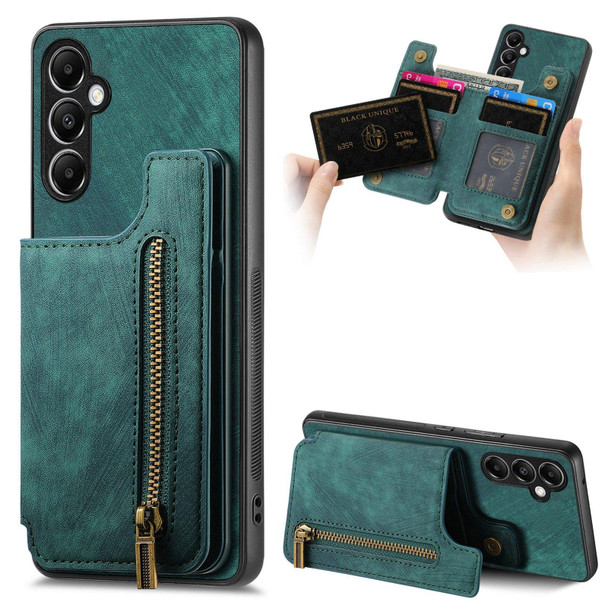 For Samsung Galaxy A25 5G Retro Leather Zipper Wallet Back Phone Case(Green)