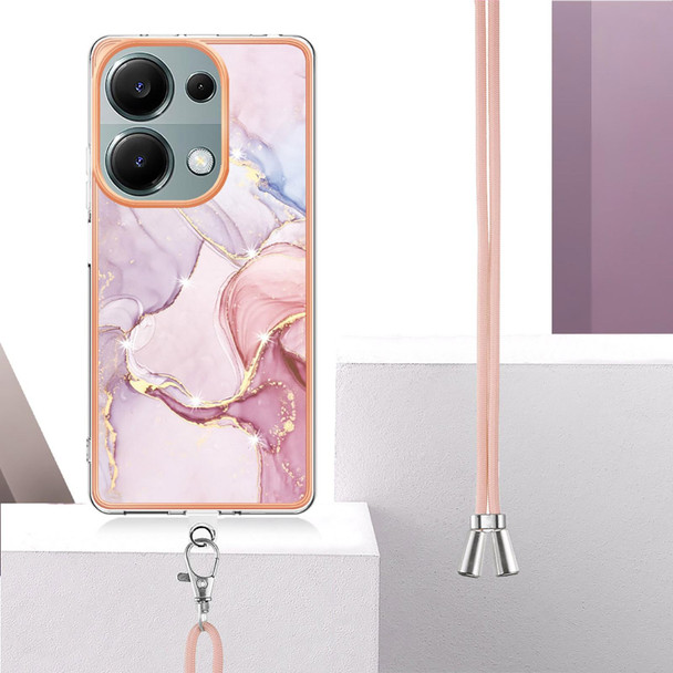 For Xiaomi Poco M6 Pro 4G Electroplating Marble Dual-side IMD Phone Case with Lanyard(Rose Gold 005)