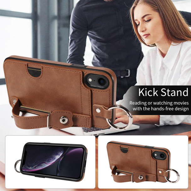 For iPhone XR Calf Texture Wrist Card Slot Ring Phone Case(Brown)