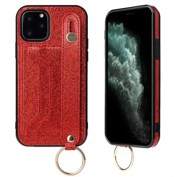 Glitter Powder PU+TPU Shockproof Protective Case with Holder & Card Slots & Wrist Strap - iPhone 11 Pro Max(Red)