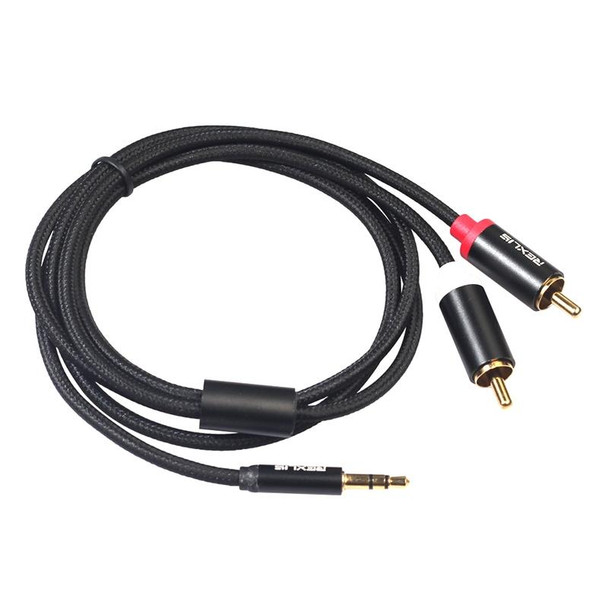 REXLIS 3635 3.5mm Male to Dual RCA Gold-plated Plug Black Cotton Braided Audio Cable for RCA Input Interface Active Speaker, Length: 1.8m