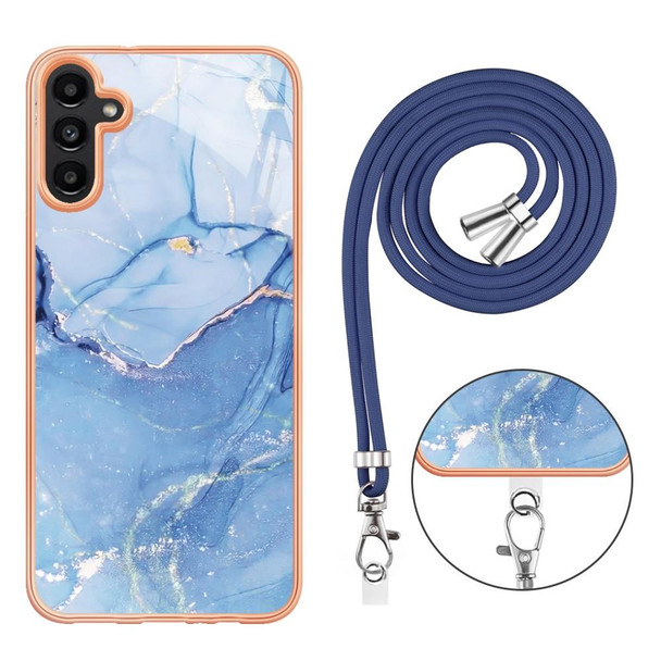 For Samsung Galaxy A35 Electroplating Marble Dual-side IMD Phone Case with Lanyard(Blue 018)