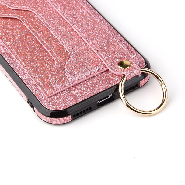 Glitter Powder PU+TPU Shockproof Protective Case with Holder & Card Slots & Wrist Strap - iPhone X / XS(Pink)